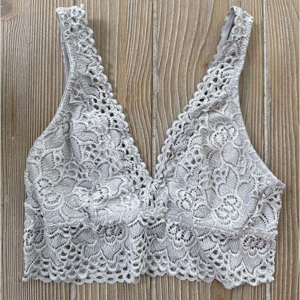 Aerie Light Gray Floral Lace Lightly Lined Plunge V-Neck & Back Bralette Bra S